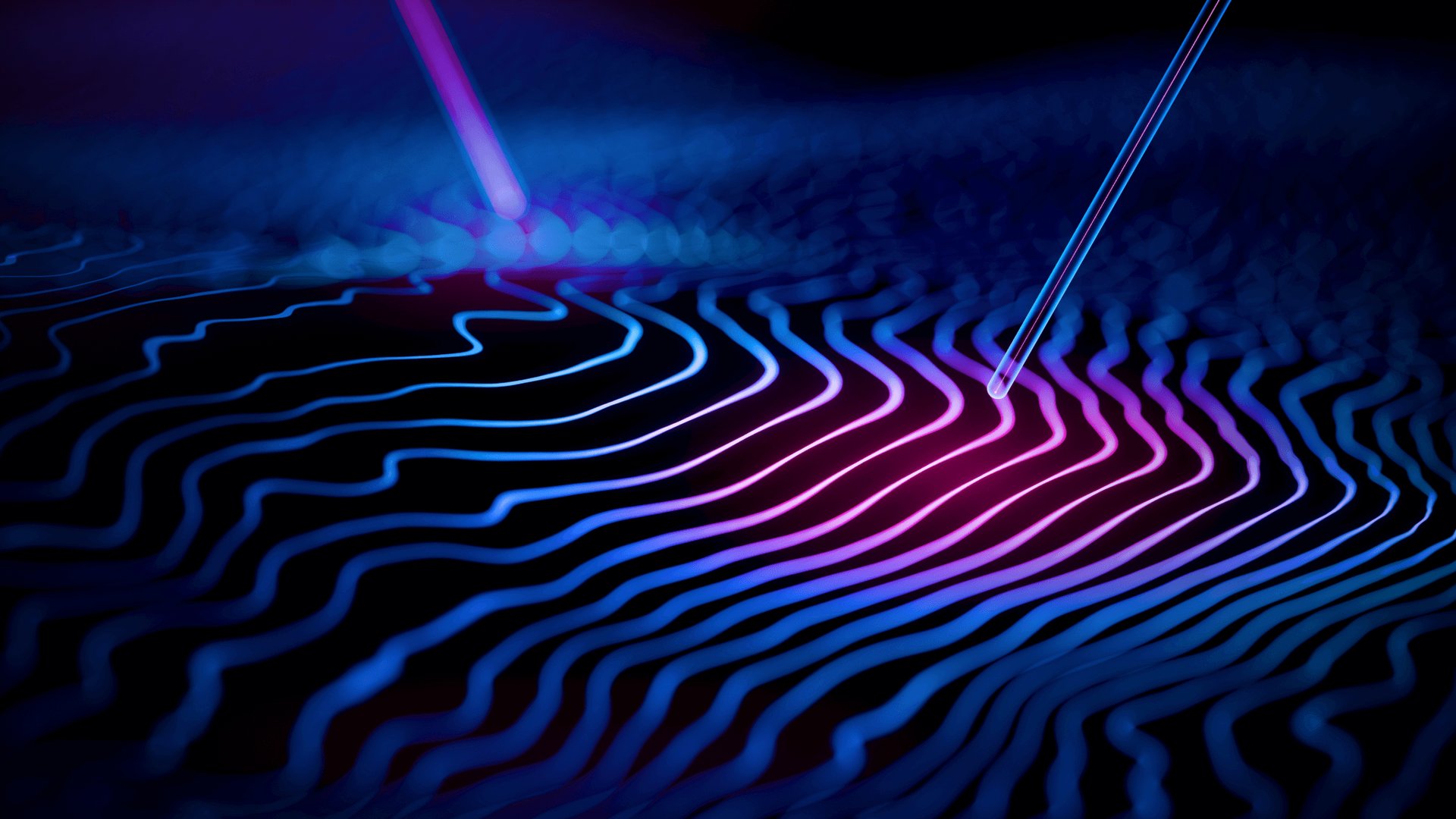 Image showcasing blue and pink waves and tubes illustrating Brainlab's Functional Neurosurgery Solutions