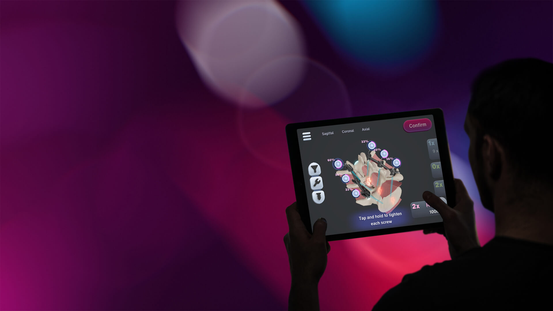 Person using Brainlab Xplore Spine tablet interface for spinal surgery simulation