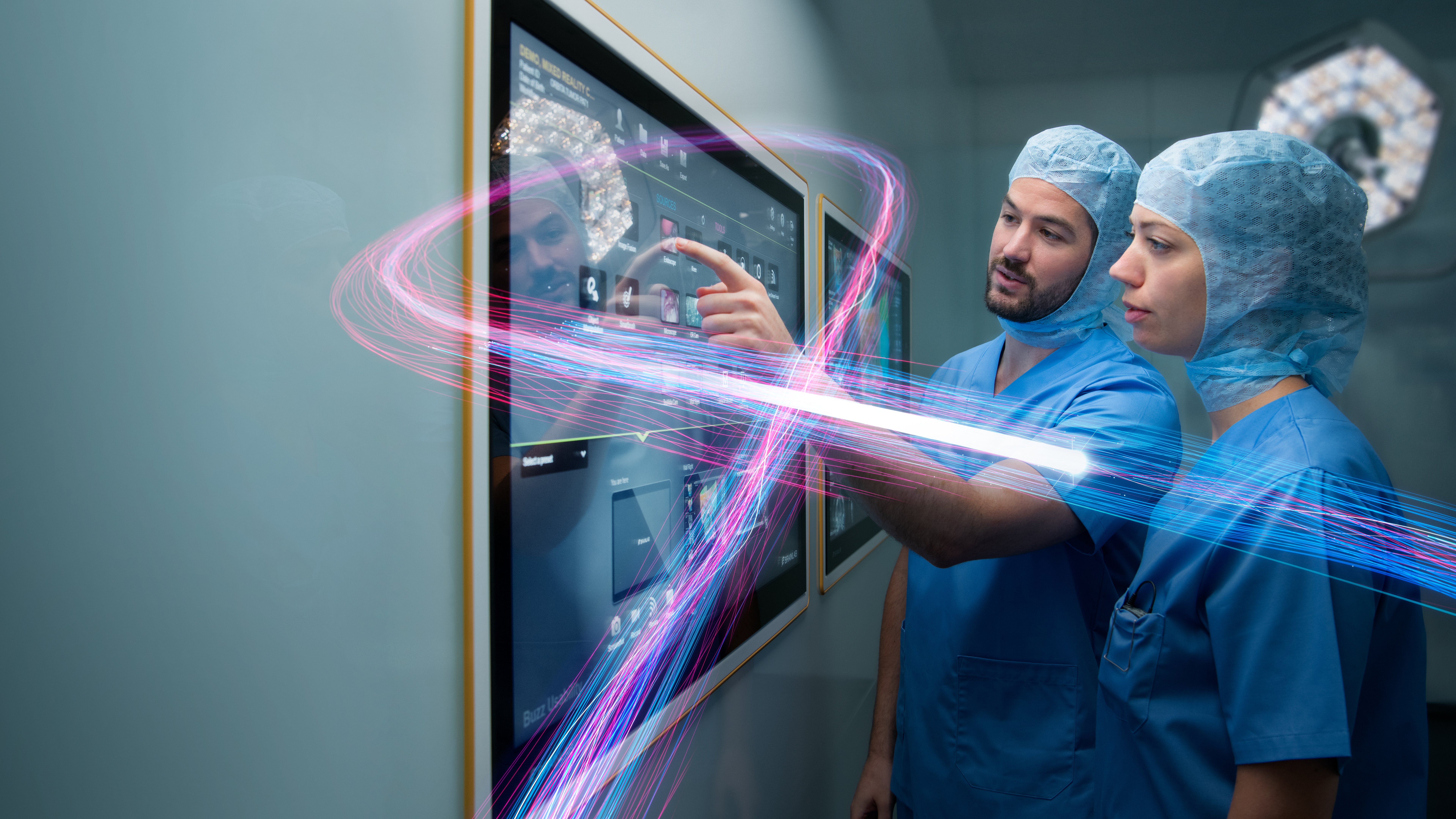 Header Background Image: Digital O.R. - Service & Support. Two doctors are utilizing Buzz in the operating room