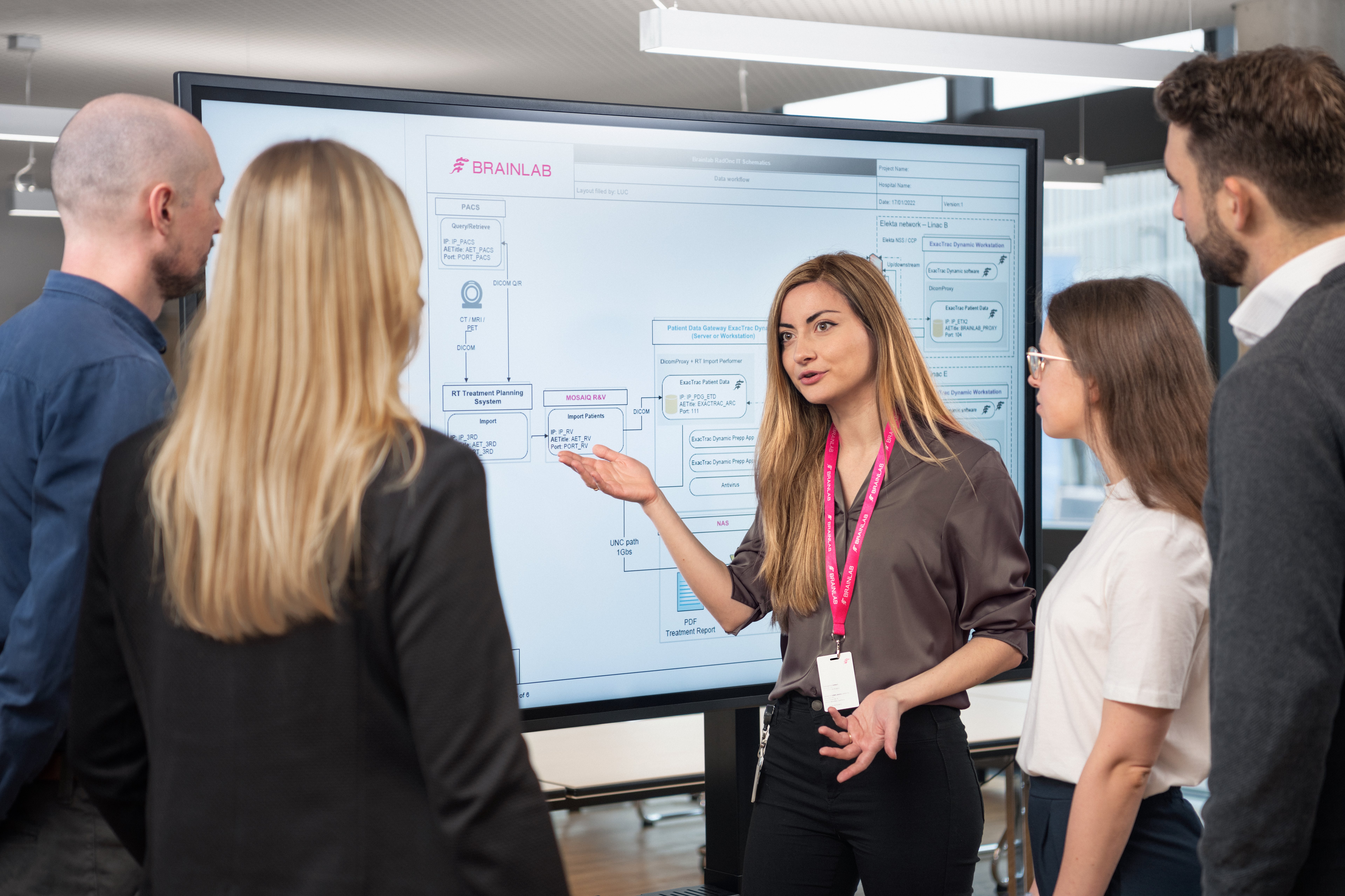 Brainlab employees are discussing a chart.