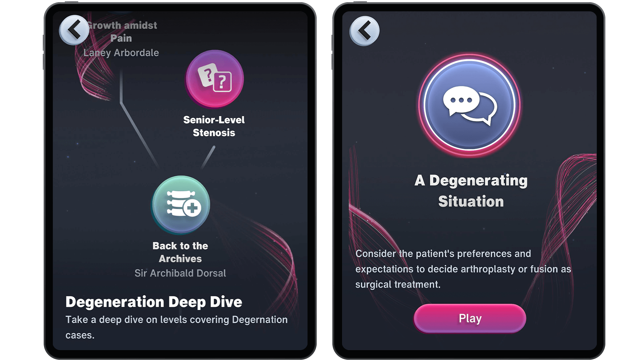 Brainlab Xplore Spine interface showcasing critical competence development modules