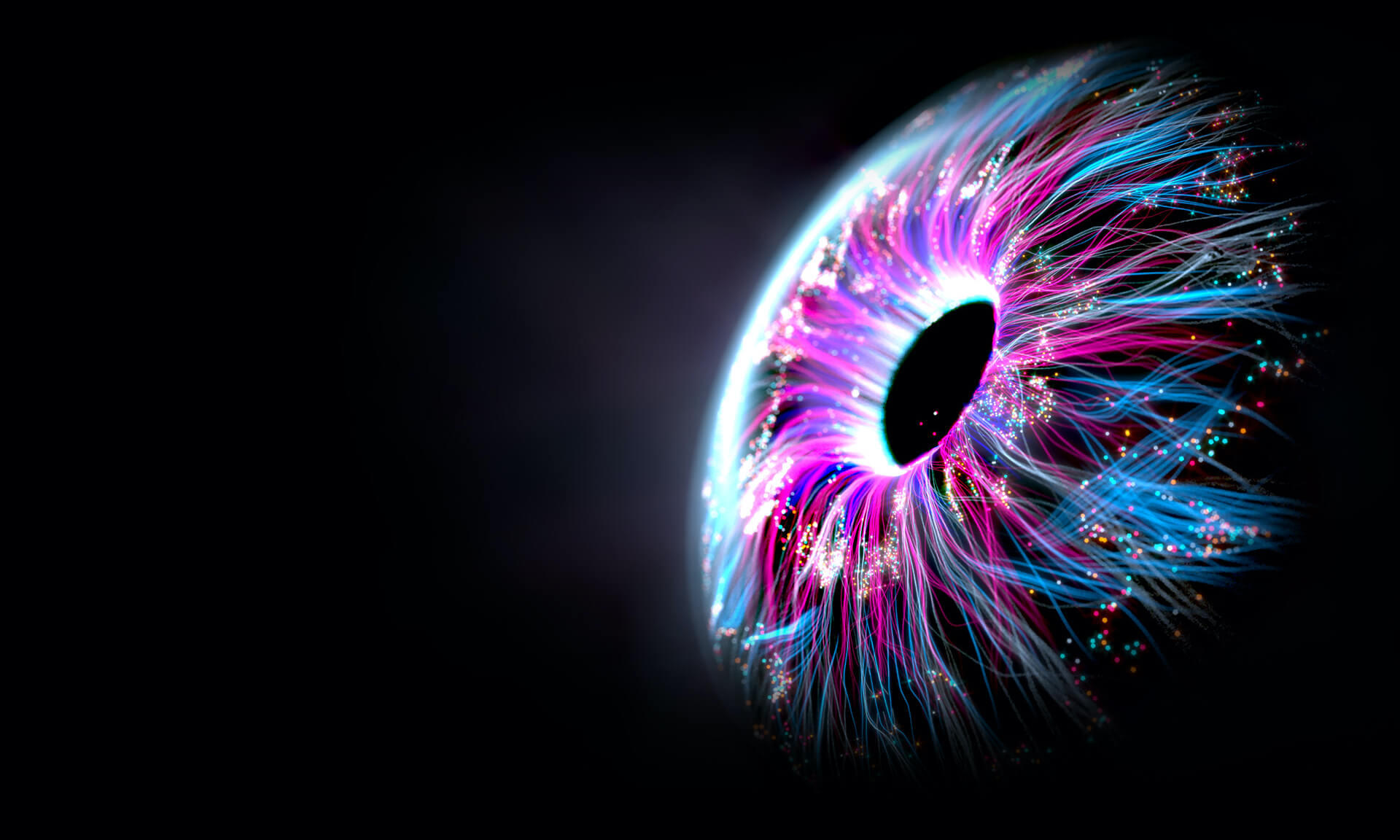 Nahaufnahme eines menschlichen Auges, aus dem blau- und lilafarbene Datenströme fließen