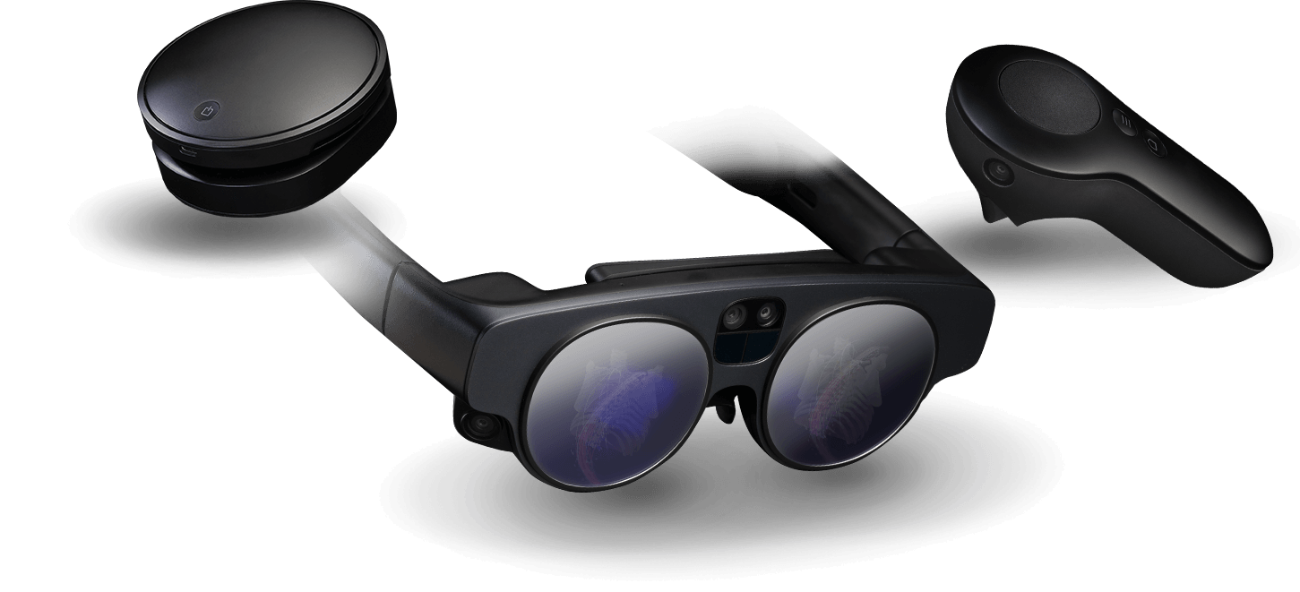 Óculos de realidade aumentada com controle e sistema de computador no plano de fundo
